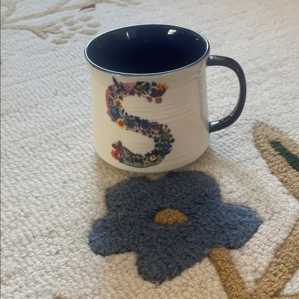 Anthropologie Nathalie Lete Floral Monogram Mug - White and Blue